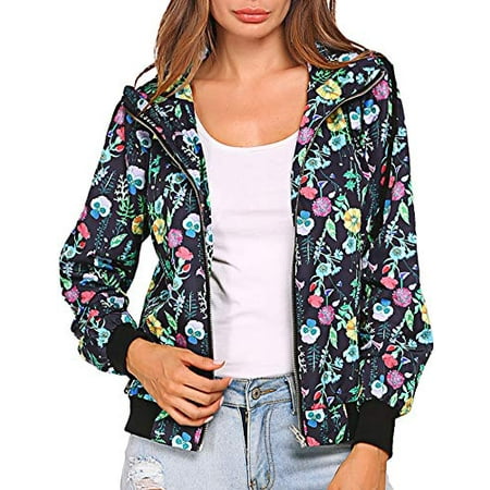 BEAUTEINE Women Floral Print Jackets Lightweight Hooded Zip Up Short Bomber Jacket Coat BEAUTEINE Women Floral Print Jackets Lightweight Hooded Zip Up Short Bomber Jacket Coat